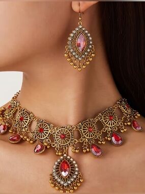 Gold-Tone Red Gem Elaborate Choker Necklace - Unbranded
